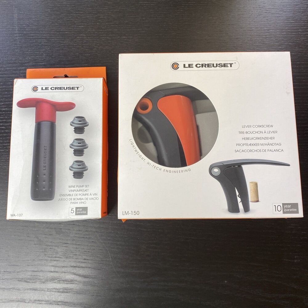 Le Creuset Lot Lever Corkscrew- LM150 Shiny Volcanic Orange Pack & Wine pump Set
